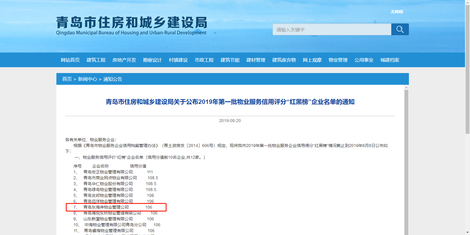 青島城發(fā)集團(tuán)所屬東海岸物業(yè)管理公司榮登青島市物業(yè)服務(wù)信用評(píng)價(jià)“紅榜”